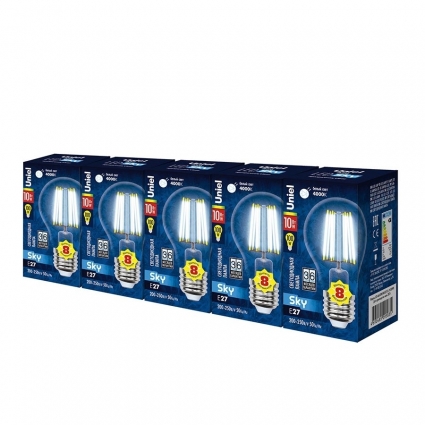 Лампа светодиодная филаментная Uniel E27 10W 4000K прозрачная LED-A60-10W/NW/E27/CL PLS02WH Набор из 5штук UL-00008082