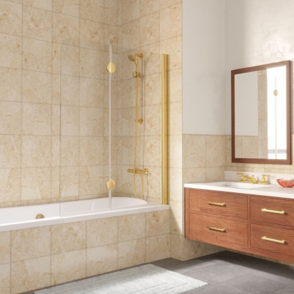 Шторка на ванну Vegas Glass E2V LUX 120 09 01 R профиль золото, стекло прозрачное