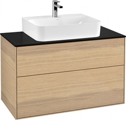 Тумба с раковиной Villeroy & Boch Finion 100 oak veneer, glass black matt, с настенным освещением