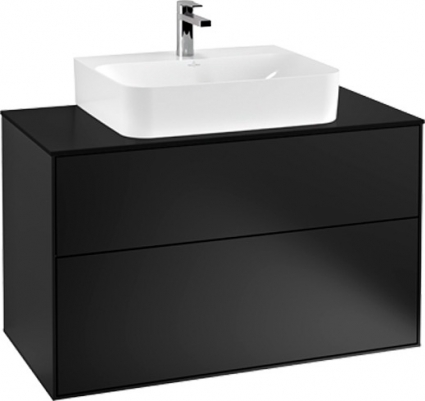 Тумба с раковиной Villeroy & Boch Finion 100 black matt lacquer, glass black matt, с настенным освещением