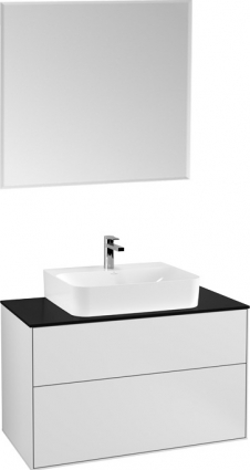 Мебель для ванной Villeroy & Boch Finion 100 white matt lacquer, glass black matt, с настенным освещением