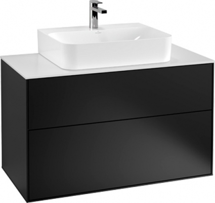 Тумба с раковиной Villeroy & Boch Finion 100 black matt lacquer, glass white matt, с настенным освещением