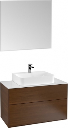Мебель для ванной Villeroy & Boch Finion 100 walnut veneer, glass white matt, с настенным освещением