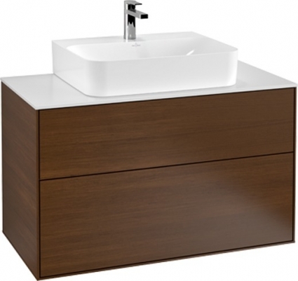 Тумба с раковиной Villeroy & Boch Finion 100 walnut veneer, glass white matt, с настенным освещением