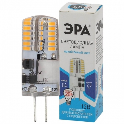 Лампа светодиодная ЭРА G4 2,5W 4000K прозрачная LED-JC-2,5W-12V-SLC-840-G4 Б0049090