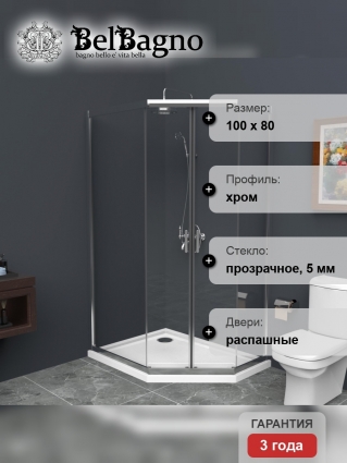 Душевой уголок BelBagno Uno 195 PH 2 100/80  C Cr стекло прозрачное