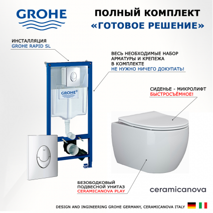 Комплект 3 в 1 инсталляция Grohe Rapid SL + Унитаз подвесной Ceramica Nova Play CN3001 + кнопка Skate Air