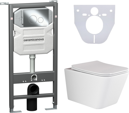 Комплект Унитаз подвесной Ceramica Nova Metric Rimless CN3007 с микролифтом, безободковый + Система инсталляции для унитазов Ceramica Nova Envision CN1001CH с кнопкой смыва и шумоизоляционной панелью