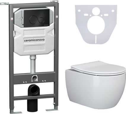 Комплект Унитаз подвесной Ceramica Nova Play CN3001 безободковый, с микролифтом + Система инсталляции для унитазов Envision CN1001B с кнопкой смыва и шумоизоляционной панелью