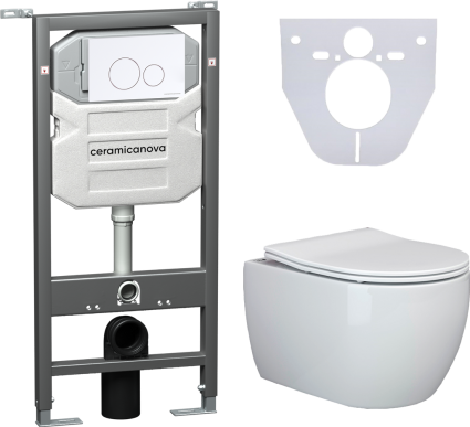 Комплект Унитаз подвесной Ceramica Nova Play CN3001 безободковый, с микролифтом + Система инсталляции для унитазов Envision CN1001W с кнопкой смыва и шумоизоляционной панелью