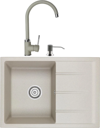 Комплект Мойка кухонная Domaci Солерно EMQ-1700.Q серая, 38х46, кварцевая, с крылом, встраиваемая + Смеситель для кухни Domaci Солерно EC-3004 барит + Дозатор для кухонной мойки Domaci Солерно 401 барит
