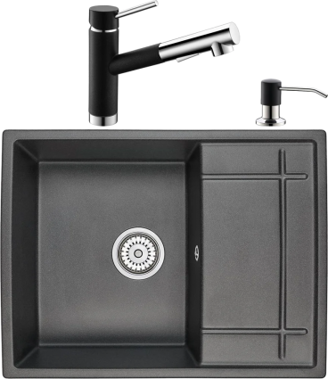 Комплект Мойка кухонная Domaci Солерно EMQ-1650.Q 65х50 см, кварцевая, встраиваемая, черная, прямоугольная, с крылом + Смеситель для кухни Domaci Солерно EC-3012 морион + Дозатор для кухонной мойки Domaci Солерно 401 морион