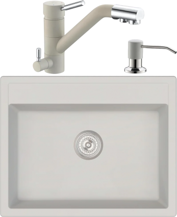Комплект Мойка кухонная Domaci Солерно EMQ-1640.Q 64х51 см, белая, прямоугольная, кварцевая + Смеситель для кухни Domaci Солерно EC-3008 агат + Дозатор для кухонной мойки Domaci Солерно 401 агат