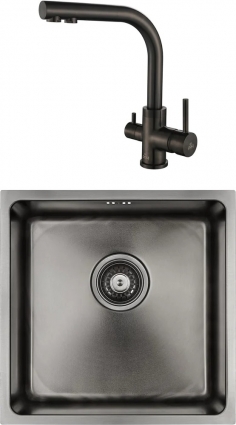 Комплект  Мойка кухонная Paulmark Lassan PM304444-GM вороненая сталь + Смеситель для кухни Paulmark Essen 213011-GM вороненая сталь