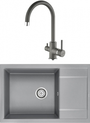 Комплект  Мойка кухонная Paulmark PM317850-GRM серый металлик + Смеситель для кухни Paulmark Essen Es213211-402 серый металлик