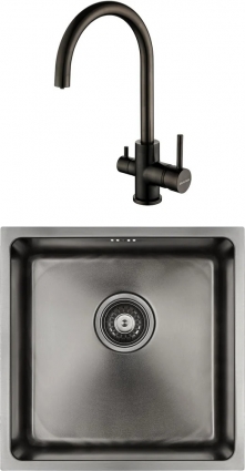 Комплект  Мойка кухонная Paulmark Lassan PM304444-GM вороненая сталь + Смеситель для кухни Paulmark Essen Es213211-GM вороненая сталь