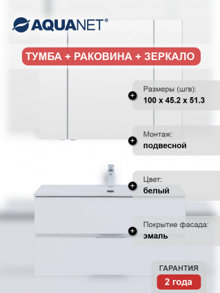 Мебель для ванной Aquanet Алвита 100 подвесная, белая матовая, 2 ящика