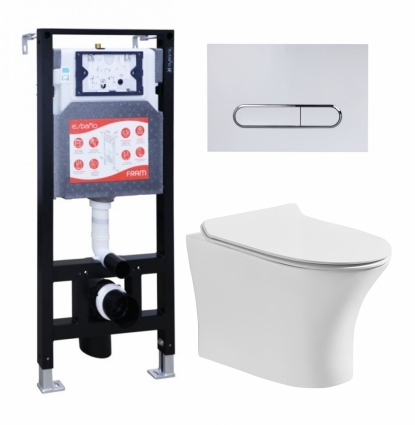 Комплект 3 в 1 инсталляция ESBANO FRAM + Подвесной безободковый унитаз CeruttiSpa Bernina aria CT7191 + кнопка белая глянцевая