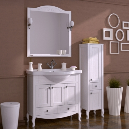 Мебель для ванной ASB-Woodline Флоренция 85 белая патина серебро, массив ясеня