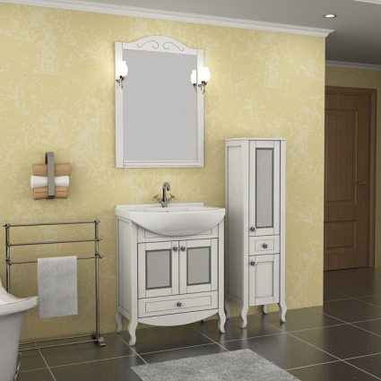 Мебель для ванной ASB-Woodline Флоренция 65 белая патина серебро витраж, массив ясеня