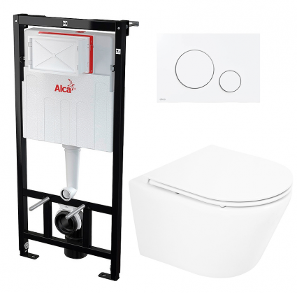 Комплект 3 в 1 инсталляция AlcaPlast + Унитаз подвесной BelBagno Tre BB8001CHR/SC + кнопка белая круг