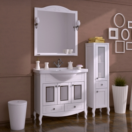 Мебель для ванной ASB-Woodline Флоренция 85 белая патина серебро витраж, массив ясеня