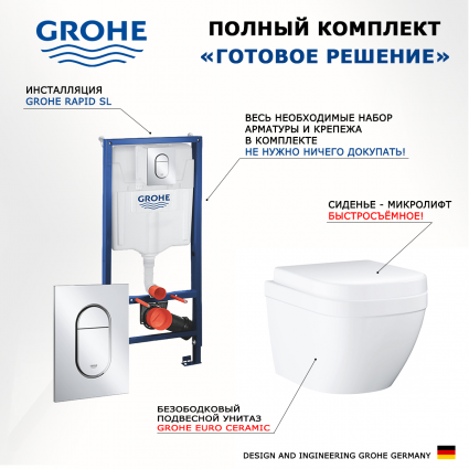Комплект 3 в 1 инсталляция Grohe Rapid SL 39504000 + Унитаз подвесной Grohe Euro Ceramic 39206000 + кнопка хром Arena Cosmopolitan