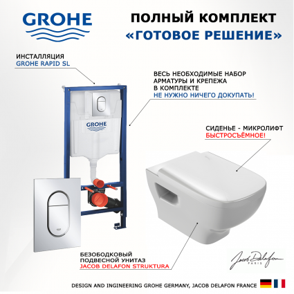 Комплект 3 в 1 инсталляция Grohe Rapid SL 39504000 + Унитаз подвесной Jacob Delafon Struktura EDE102-00 + кнопка хром Arena Cosmopolitan