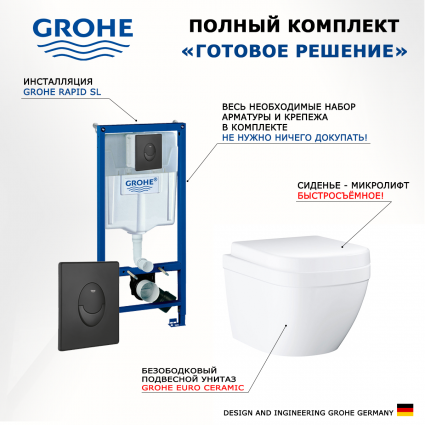 Комплект 3 в 1 инсталляция Grohe Rapid SL 38721BL1 + Унитаз подвесной Grohe Euro Ceramic 39206000 + кнопка черная матовая Skate