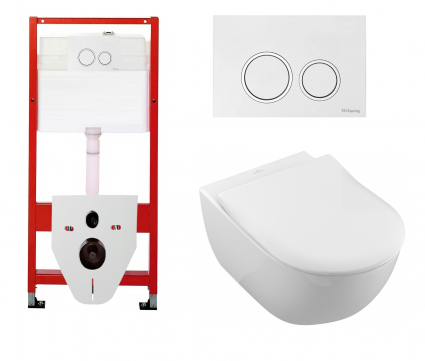 Комплект 3 в 1 инсталляция для унитазов Tece Tecespring S955103 + Унитаз подвесной Villeroy & Boch Subway 2.0 5614R201 с кнопкой глянцевой белой