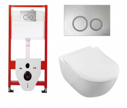 Комплект 3 в 1 инсталляция для унитазов Tece Tecespring S955101 + Унитаз подвесной Villeroy & Boch Subway 2.0 5614R201 с кнопкой глянцевой хром