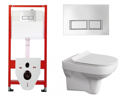 Комплект 3 в 1 инсталляция для унитазов Tece Tecespring S955201 + Унитаз подвесной Cersanit City New clean on с кнопкой глянцевой хром