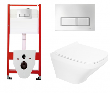 Комплект 3 в 1 инсталляция для унитазов Tece Tecespring S955201 + Унитаз подвесной BelBagno Sela BB3201CHR с кнопкой глянцевой хром 