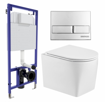 Комплект 3 в 1 инсталляция Berges Wasserhaus Novum L3 + Унитаз подвесной WeltWasser Nesenbach 004 GL-WT + кнопка хром