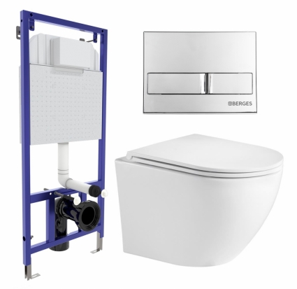 Комплект 3 в 1 инсталляция Berges Wasserhaus Novum L3 + Подвесной унитаз WeltWasser Merzbach 043 GL-WT + кнопка хром