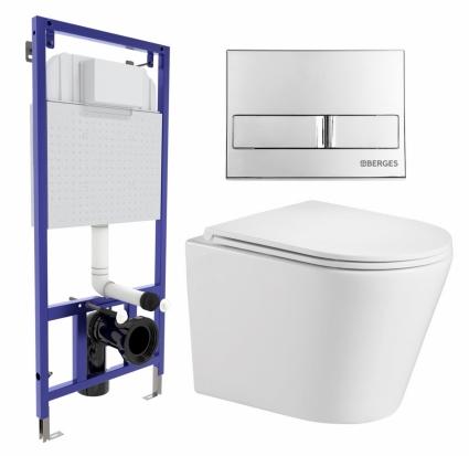 Комплект 3 в 1 инсталляция Berges Wasserhaus Novum L3 + Подвесной унитаз WeltWasser Salzbach 043 GL-WT + кнопка хром
