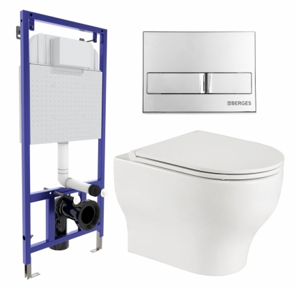 Комплект 3 в 1 инсталляция Berges Wasserhaus Novum L3 + Подвесной унитаз WeltWasser Erlenbach 004 GL-WT + кнопка хром