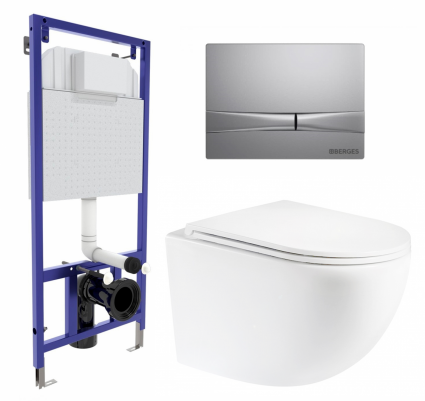 Комплект 3 в 1 инсталляция Berges Wasserhaus Novum 040252 + Унитаз подвесной Enio Unico Tornado 1.0 + кнопка хром матовая