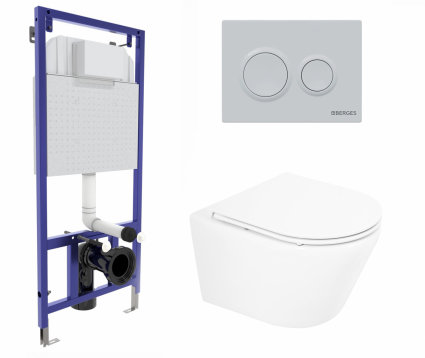 Комплект 3 в 1 инсталляция Berges Novum O4 + Подвесной унитаз BelBagno Tre BB8001CHR/SC с кнопкой белой 