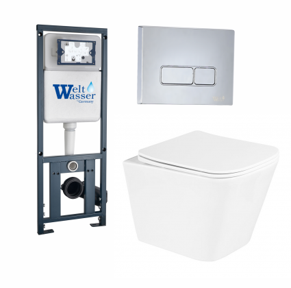 Комплект 3 в 1 инсталляция WeltWasser Marberg 410 + Подвесной унитаз BelBagno Due BB3103CHR/SC + кнопка хром SE