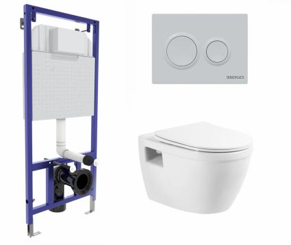 Комплект 3 в 1 инсталляция Berges Novum O4 + Подвесной унитаз BelBagno Loto BB070CHR/SC с кнопкой белой