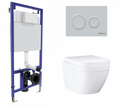 Комплект 3 в 1 инсталляция Berges Novum O4 + Унитаз подвесной Grohe Euro Ceramic 39206000 с кнопкой белой