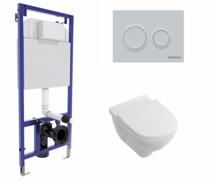 Комплект 3 в 1 инсталляция Berges Novum O4 + Унитаз подвесной Villeroy & Boch O Novo Directflush с кнопкой белой
