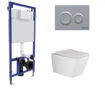 Комплект 3 в 1 инсталляция Berges Novum O2 + Унитаз подвесной Ceramica Nova Metric Rimless CN3007 с кнопкой матовой хром