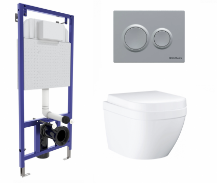 Комплект 3 в 1 инсталляция Berges Novum O2 + Унитаз подвесной Grohe Euro Ceramic 39206000 с кнопкой матовой хром