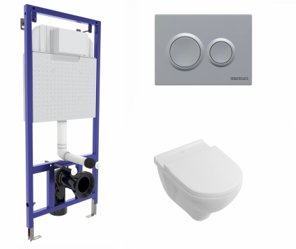 Комплект 3 в 1 инсталляция Berges Novum O2 + Унитаз подвесной Villeroy & Boch O Novo Directflush с кнопкой матовой хром