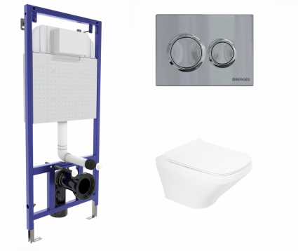 Комплект 3 в 1 инсталляция Berges Novum O3 + Унитаз подвесной BelBagno Sela BB3201CHR с кнопкой глянцевой хром