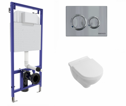 Комплект 3 в 1 инсталляция Berges Novum O3 + Унитаз подвесной Villeroy & Boch O Novo Directflush с кнопкой глянцевой хром