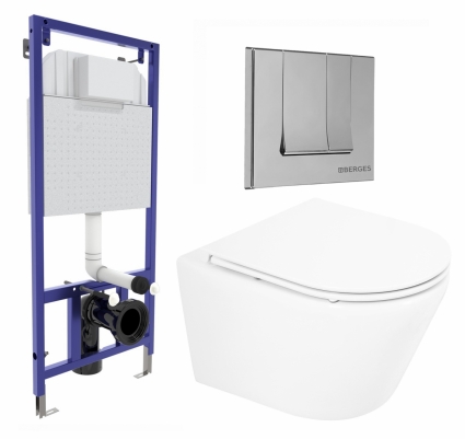 Комплект 3 в 1 инсталляция Berges Wasserhaus Novum 040243 + Унитаз подвесной BelBagno Tre BB8001CHR/SC + кнопка хром