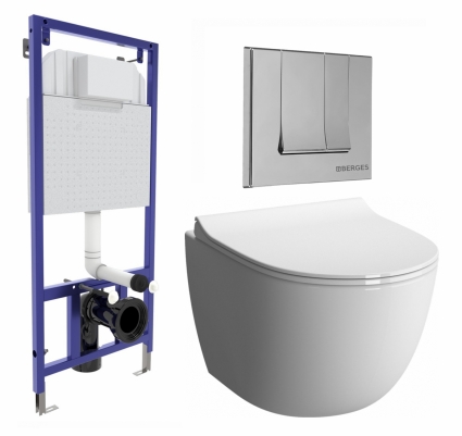 Комплект 3 в 1 инсталляция Berges Wasserhaus Novum 040243 + Унитаз подвесной VitrA Sento 7748В003-0075 + кнопка хром